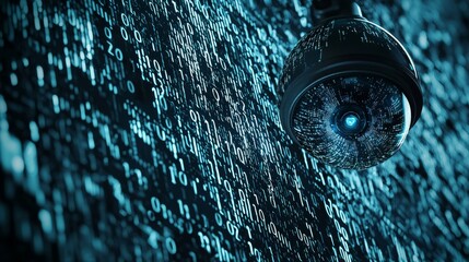 A surveillance camera set against a glowing binary code background, symbolizing the convergence of security technology and extensive digital data flows.