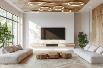 Wall Mural - Modern living room with large TV, wood accents, and natural light