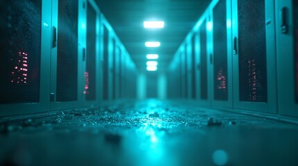 In a futuristic interface, glowing blue data streams form a 3D matrix, flowing between translucent digital screens