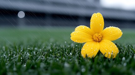 Wall Mural - A yellow flower in the middle of a green field