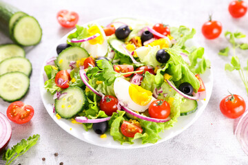 Wall Mural - vegetable salad with cucumber, tomato, lettuce, olive and egg