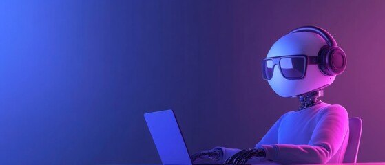 robot Working on Laptop with Headphones and Glasses.
