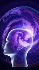 Poster -  a cosmic vortex within a human head, with galaxies and nebulae spiraling inward, creating a surreal and introspective space-time effect