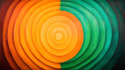 Wall Mural - Vibrant concentric circles in orange and green create striking visual effect, evoking sense of harmony and balance. smooth texture enhances optical illusion