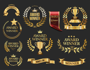 Wall Mural - award winner emblem icon and ribbon collection of gold laurel wreath stock illustration