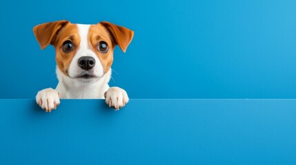 Wall Mural - A small brown and white dog peeking over a blue sign