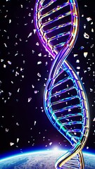 Fototapete - a glowing golden DNA strand, with floating particles shimmering around it, creating a futuristic and biological sci-fi effect