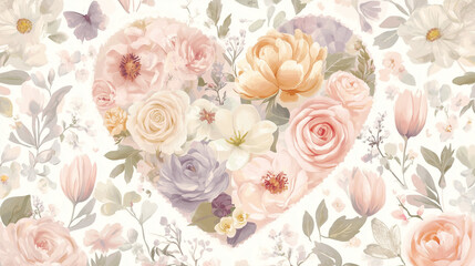  Heart-shaped flower arrangement with pink roses, peonies, and purple blossoms