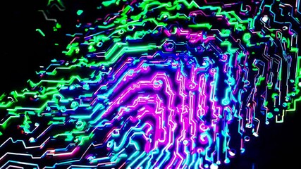 Fototapete - a digital fingerprint appearing on a dark matrix background, with glowing data lines flowing around it, creating a futuristic cybersecurity effect