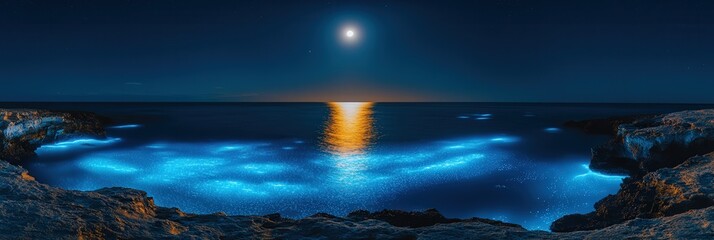 Wall Mural - 4k image of a full moon just above the sea, with bioluminescent plankton lighting up the water,