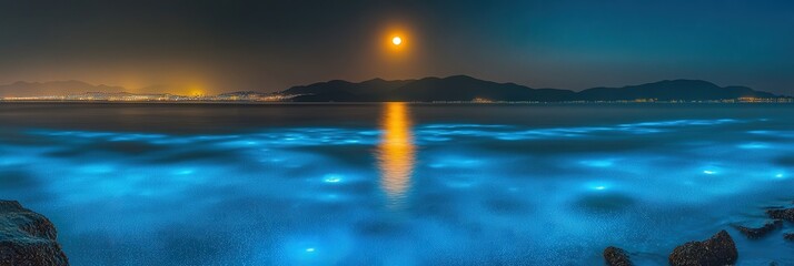 Wall Mural - 4k image of a full moon just above the sea, with bioluminescent plankton lighting up the water,