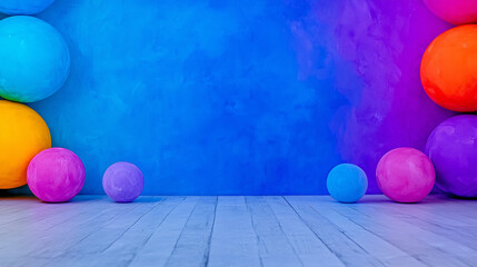 Wall Mural - Vibrant abstract background with colorful spheres against blue and purple wall. Perfect for creative projects and artistic displays