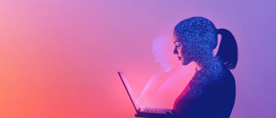 woman using laptop with digital overlay