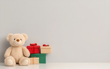 Wall Mural - Cheerful Teddy Bear with Colorful Gifts: A close-up of a soft teddy bear sitting next to a stack of brightly colored gift boxes, with a light gray background. 