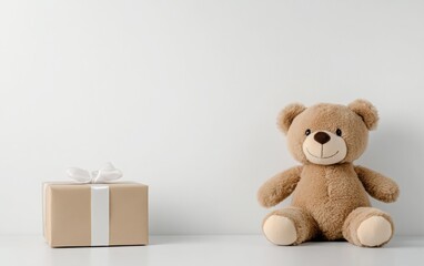 Wall Mural - Simple, Minimalistic Teddy Bear Scene: A minimalist photo featuring a teddy bear with a single, wrapped gift box beside it on a pure white background. 