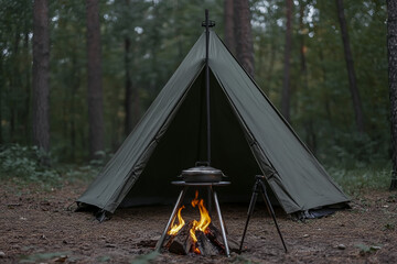 Wall Mural - A camping tent and a cooking pot hang on a three-legged tripod over a campfire in the woods on a sunny summer day.