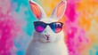 © Mitchell - Charming white rabbit in sunglasses enjoying a vibrant background animal portrait colorful environment playful concept for eye-catching visual appeal