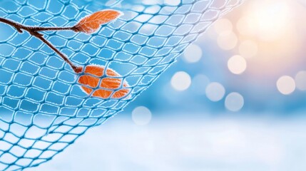 A close up of a net with a leaf sticking out of it