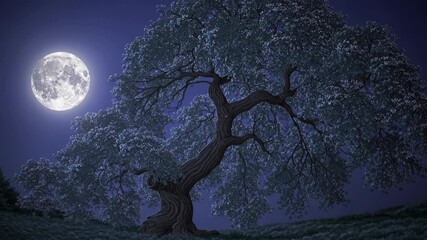 Fototapete - an ancient tree with glowing branches under a celestial moon, creating a mystical