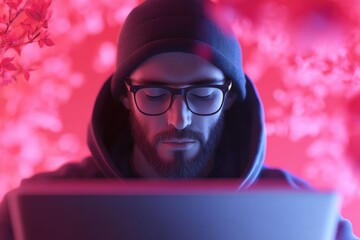 man in hoodie looking at laptop screen
