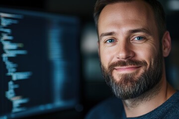 Man Coding at Computer Screen in Dark Room