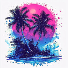 Watercolor island scene featuring palm trees against a vibrant pink and blue sunset backdrop with splattered details.