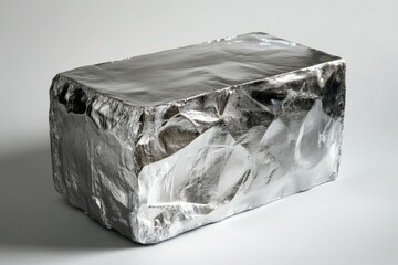 Wall Mural - Shiny metallic block wrapped in crinkled foil on white surface