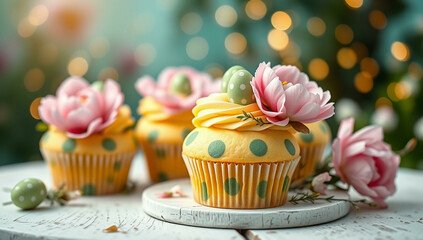 Canvas Print - Spring cupcakes with yellow icing , flowers and cute easter eggs