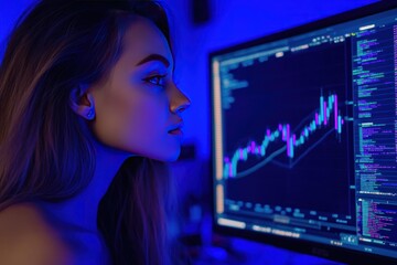 A beautiful young woman gazing intently at the screen of her computer, which displays stock market charts.