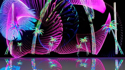 Aufkleber - tropical palm leaves against a vibrant retro-futuristic background, creating a surreal and aesthetically