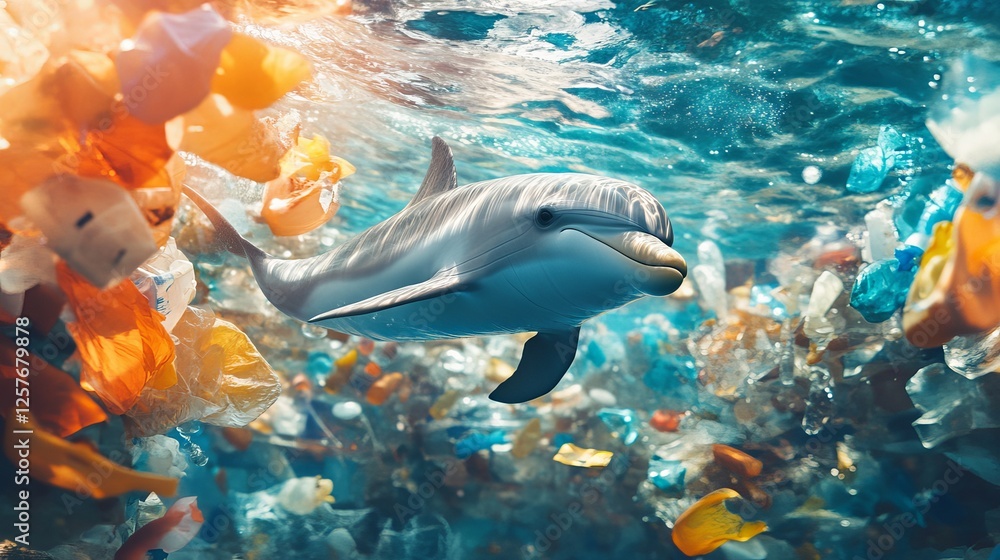 Dolphin swimming through plastic waste in ocean environmental impact ...