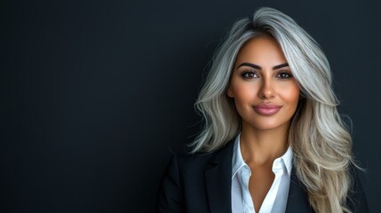 Wall Mural - A woman with long blonde hair wearing a black blazer and white shirt