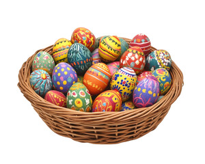 Vibrantly painted Easter eggs in woven basket create festive atmosphere. colorful designs and patterns evoke joy and celebration during holiday season