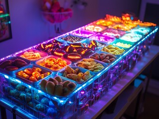 Wall Mural - Neon Lit Candy Charcuterie Board Table Displaying Sweets and Treats