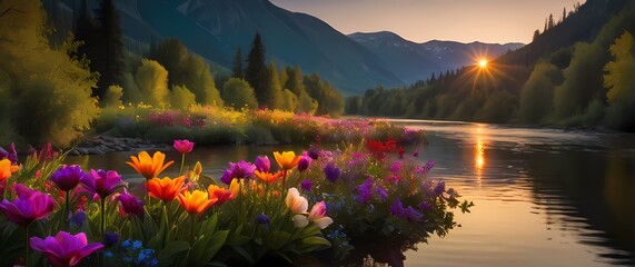 Wall Mural - Vibrant colors of flowers blooming against the backdrop of a tranquil river inviting peaceful moments of reflection in natures elegance