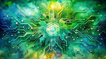 Wall Mural - Abstract Green Tech Circuitry Watercolor Background Stock Photo - Futuristic Technology Illustration