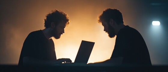 two men working together on a laptop in silhouette