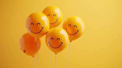 Wall Mural - This is a 3D rendering of a bunch of yellow balloons with smiley faces on them. The balloons are floating against a yellow background.