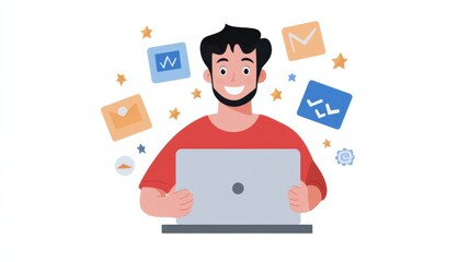 man working on laptop with app icons