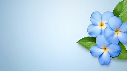 Wall Mural - A bunch of blue flowers with green leaves on a blue background