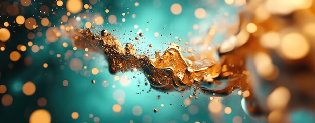 Aufkleber - Golden Liquid Flowing Through an Abstract Motion with Bokeh Effect and Blue Background