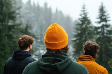 three friends looking at a misty forest