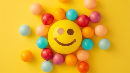 Wall Mural - A yellow smiley face surrounded by colorful balls. The smiley face has one eye closed and a big smile on its face.