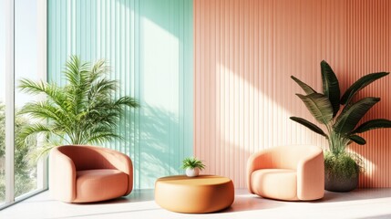 Poster - Modern interior design with pastel colors, plants, and stylish furniture in bright room