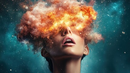 Aufkleber - Cosmic Explosion in Head of Young Woman Surrounded by Stars and Galaxy Background