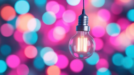 Poster - Beautiful glowing light bulb hanging with colorful bokeh background celebrations