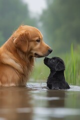 Wall Mural - A dog and a puppy are playing in the water