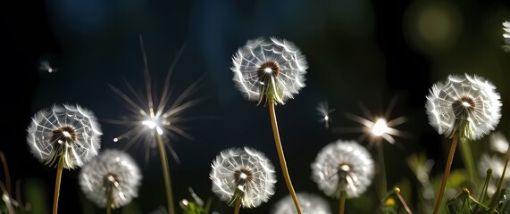 Wall Mural - Closeup of fluffy dandelion seeds blowing gently in the breeze inviting wishes and dreams to be shared during carefree summer days