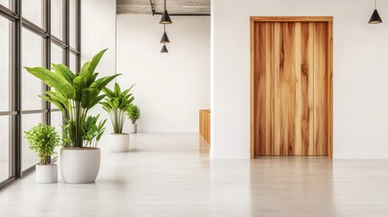 Poster - Bright and Modern Office Interior with Plants and Wooden Door Design Elements