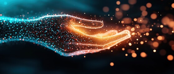 Poster - Glowing Digital Hand Reaching Out with Sparkling Particles Against Dark Background